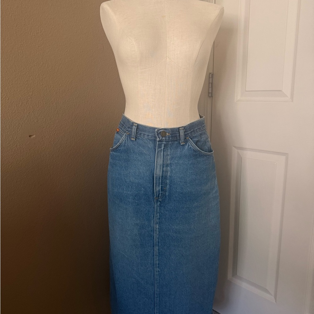 Wrangler Vintage Blue Denim Skirt with Leather Patch